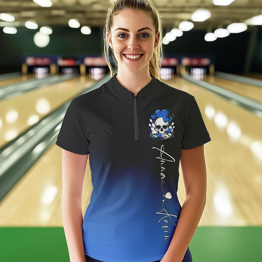 Custom Black And Blue Skull Valentines Day Couple Bowling Quarter-Zip Shirts For Women IPHW8343