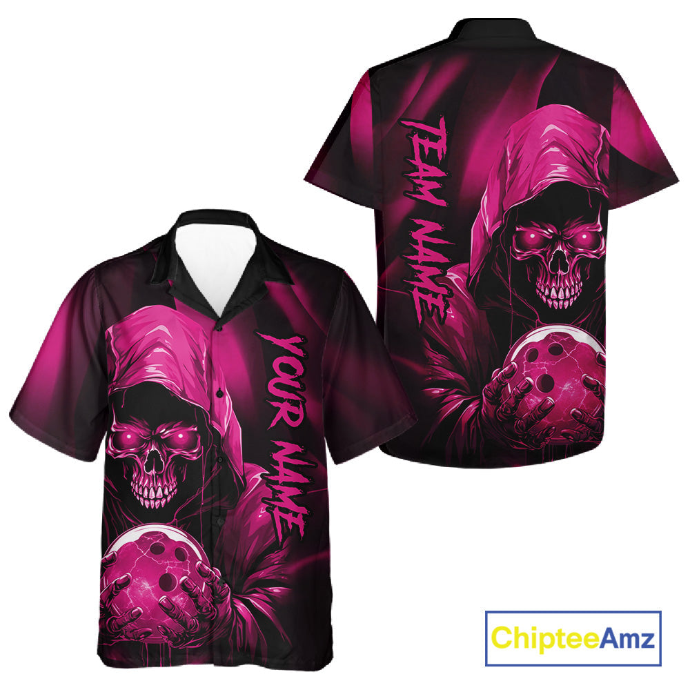 Pink Bowling Grim Reaper Custom Men And Women Bowling Hawaiian Shirts Skull Bowling Team Jerseys IPHW10697