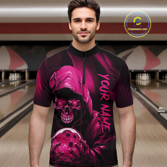 Pink Bowling Grim Reaper Custom Men Bowling Quarter-Zip Shirts Skull Bowling Team Jerseys IPHW10697
