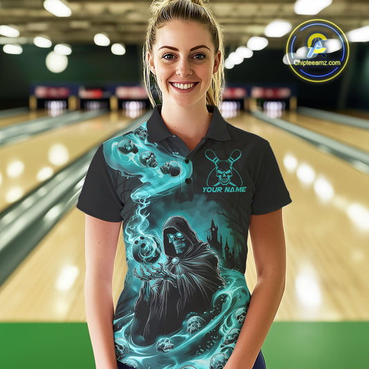 Custom Grim Reaper Bowling Polo Shirts For Women, Teal Blue Flame Skull Halloween Design IPHW9082