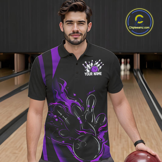 Custom Purple Flame Bowling Polo Shirts For Men, Striking Fire Jerseys Team Uniform IPHW9087