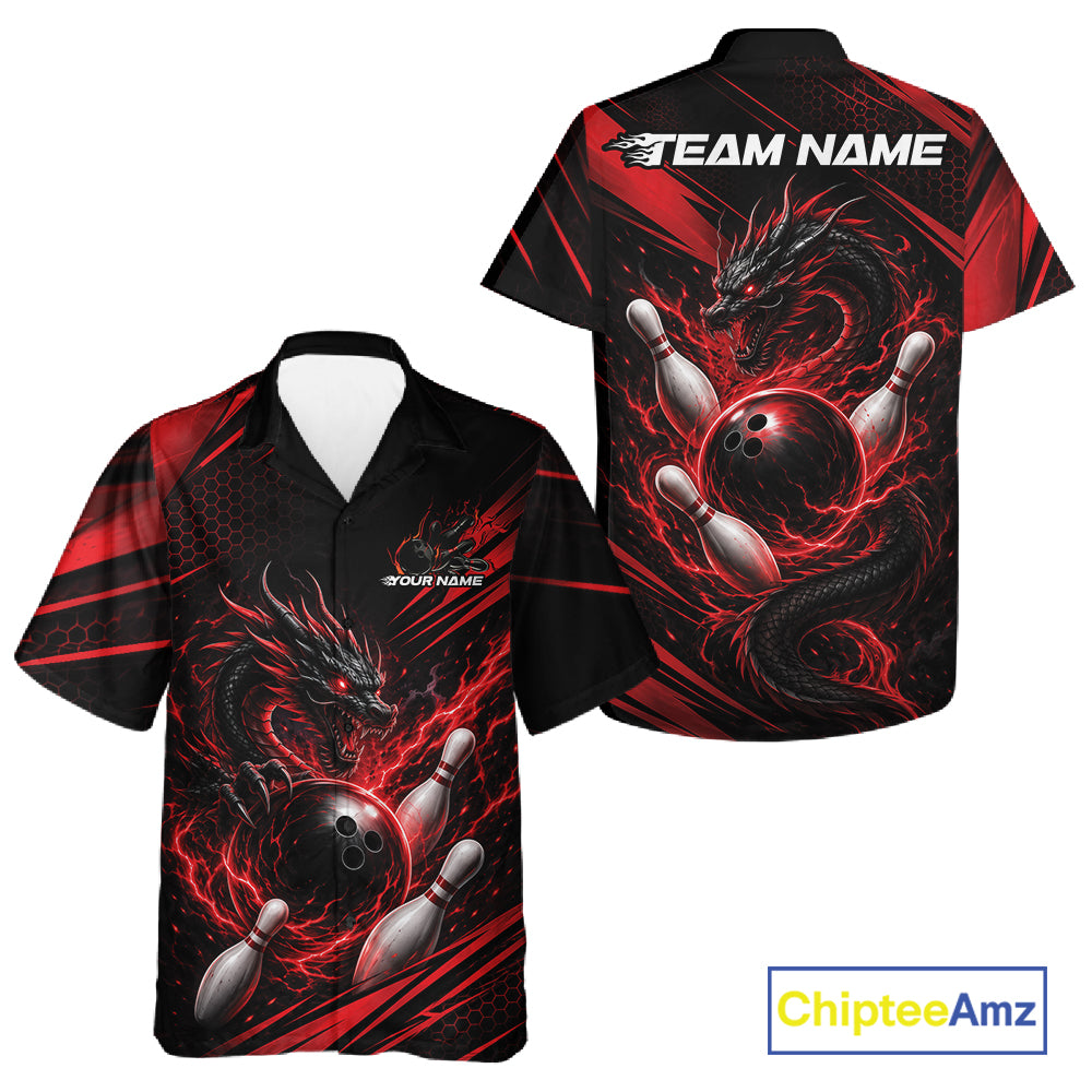 Front and back views of a black and red short-sleeve bowling button-up shirt with a dragon, bowling ball, and pins graphic, plus customizable text placeholders