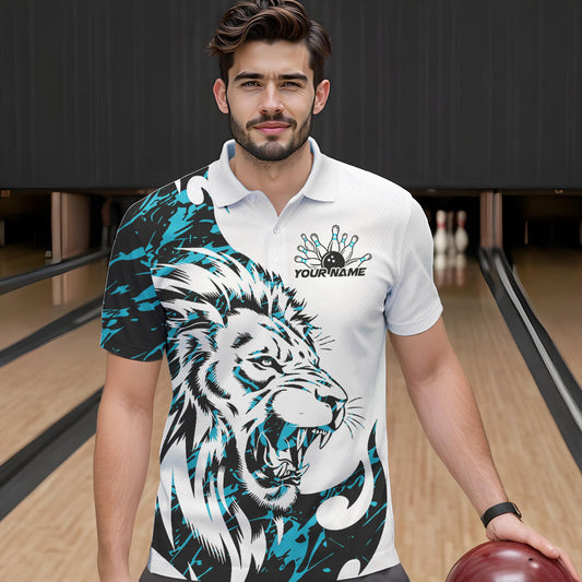 Custom Blue Camo Lion Bowling Team Polo Shirts For Men, Lion Bowling League Shirt IPHW8856