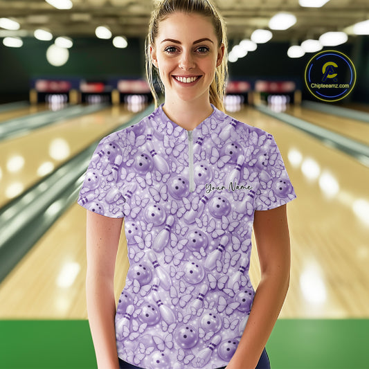 Custom Blue Butterfly Bowling Women Quarter-Zip Shirt, Ladies Bowlers Outfit IPHW10932