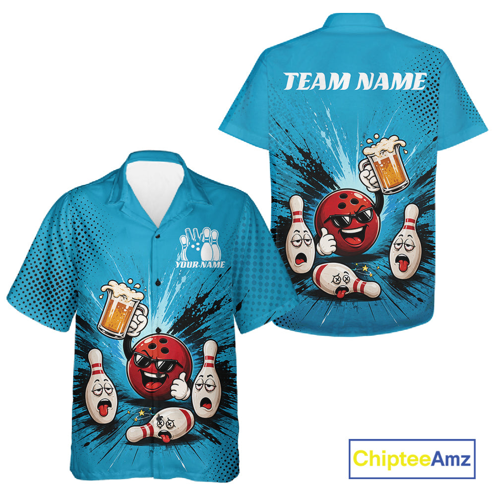 Front and back views of a short-sleeve button-up shirt in bright turquoise blue, featuring a cartoon bowling graphic with a red bowling ball, white bowling pins, and beer mugs.