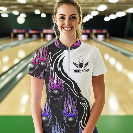 Blue Purple Pink Flame Ball Custom Bowling Women Quarter-Zip Shirts, Bowling League Shirt IPHW8866