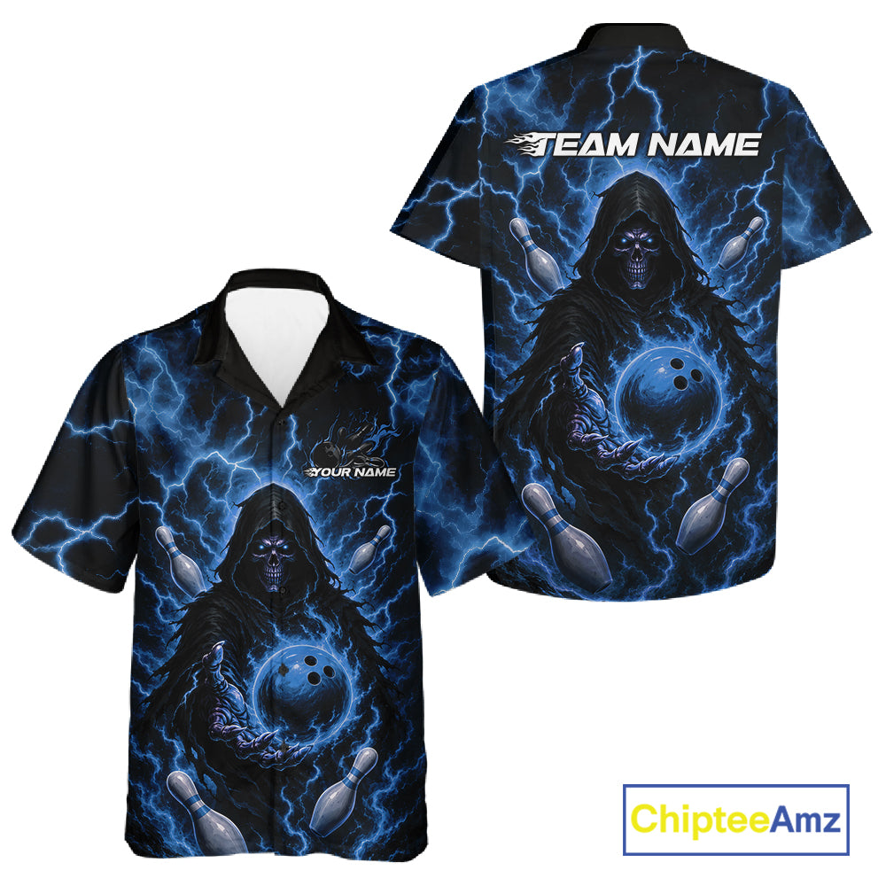Custom Blue Lightning Grim Reaper Bowling Men And Women Button Up Shirt, Halloween Bowler Outfit IPHW11885