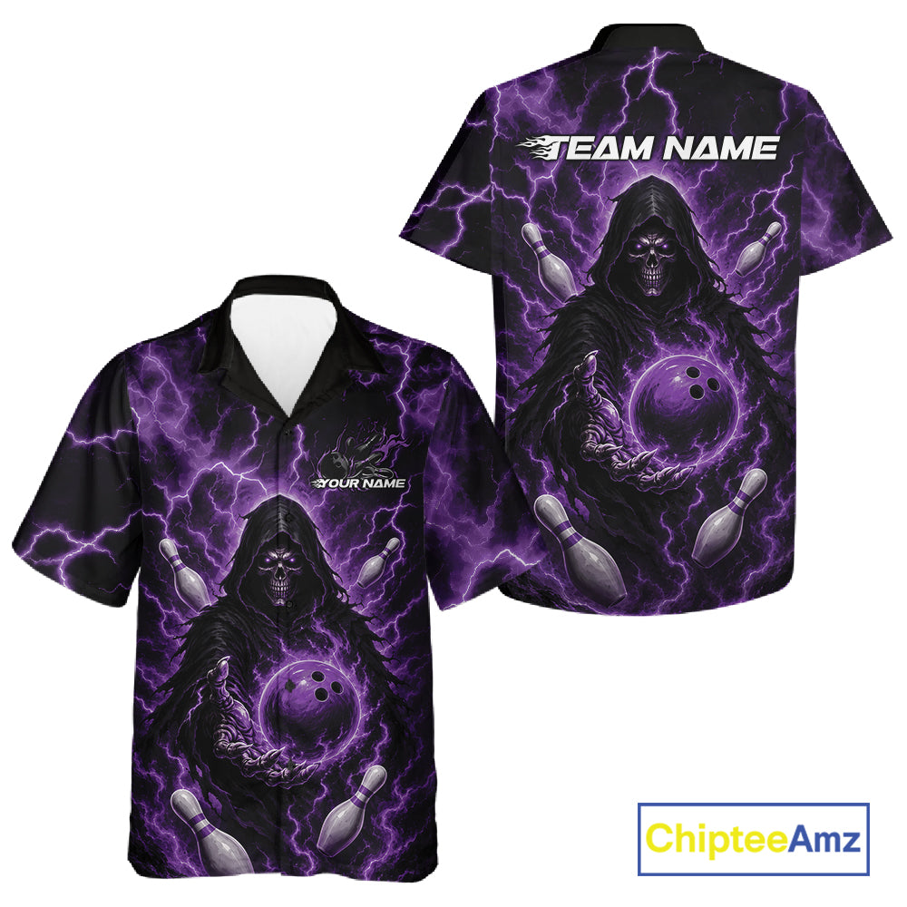 Custom Purple Lightning Grim Reaper Bowling Men And Women Button Up Shirt, Halloween Bowler Outfit IPHW11886