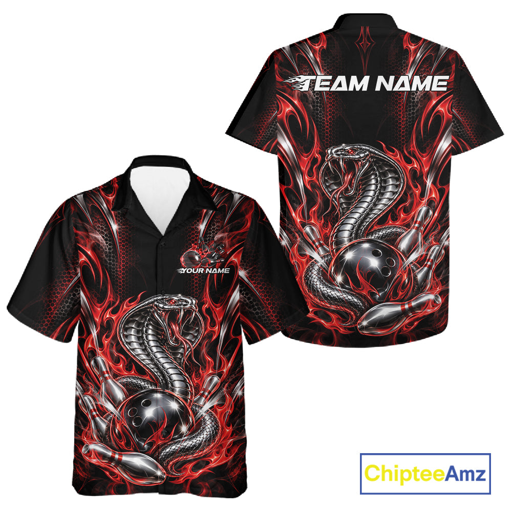 Black And Red Flame Cobra Snake Custom Bowling Men And Women Button Up Shirt, Bowling League Shirt IPHW12145