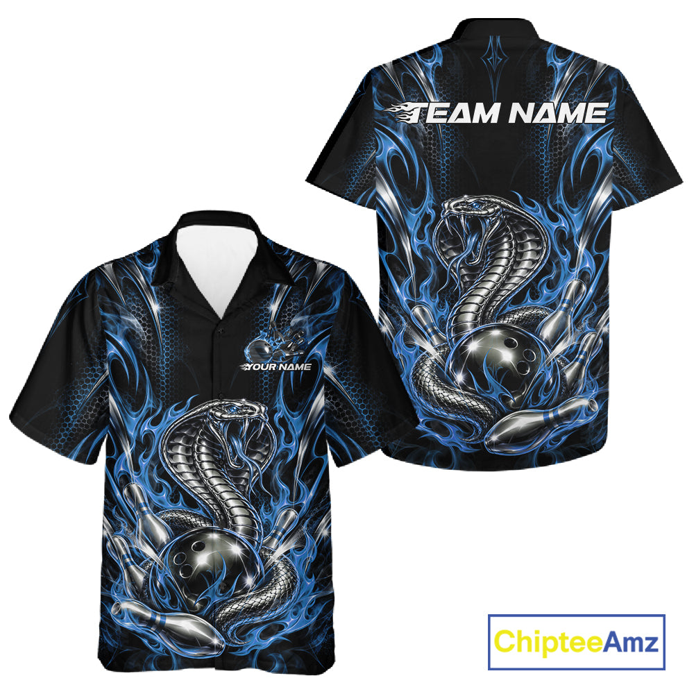 Black And Blue Flame Cobra Snake Custom Bowling Men And Women Button Up Shirt, Bowling League Shirt IPHW12147