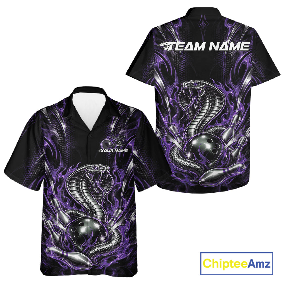 Black And Purple Flame Cobra Snake Custom Bowling Men And Women Button Up Shirt, Bowling League Shirt IPHW12148