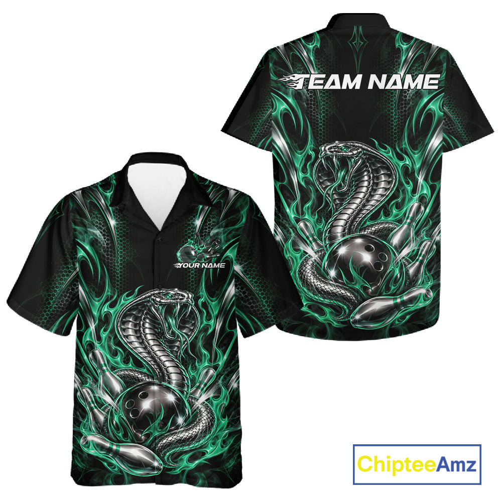 Black And Green Flame Cobra Snake Custom Bowling Men And Women Button Up Shirt, Bowling League Shirt IPHW12149
