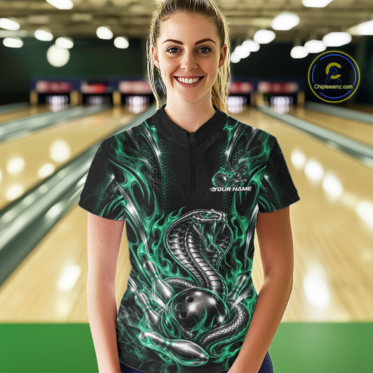 Green Flame Cobra Snake Custom Bowling Women Quarter-Zip Shirt, Bowling League Shirt IPHW12149