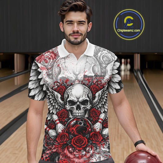 Red Roses And Skull With Wings Custom Bowling Men Polo Shirt, Halloween Bowler Outfit IPHW12150