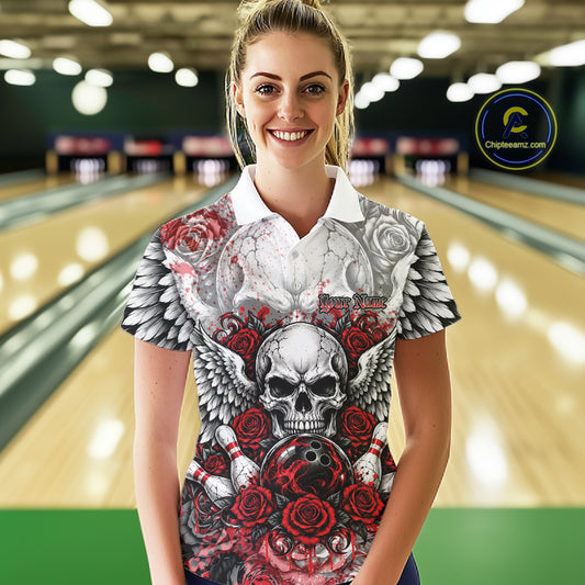 Red Roses And Skull With Wings Custom Bowling Women Polo Shirt, Halloween Bowler Outfit IPHW12150