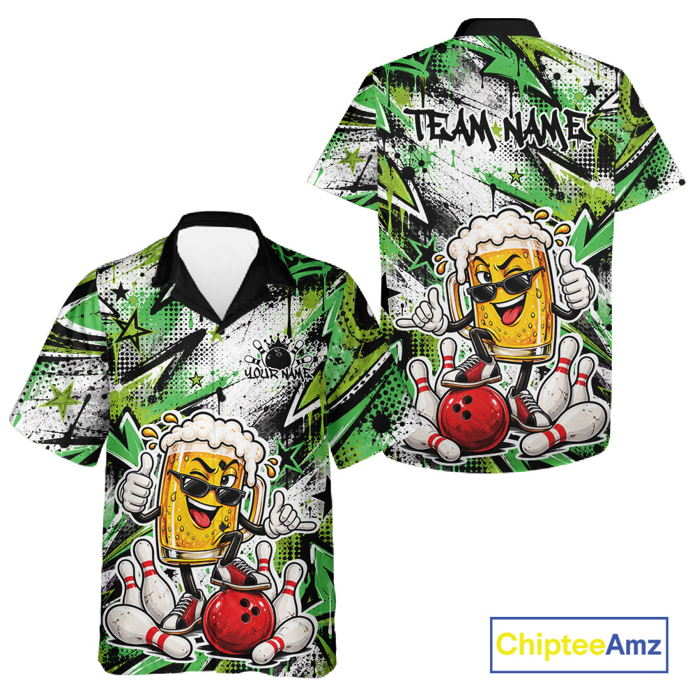 Green Graffity Theme Custom Funny Beer Bowling Men And Women Button Up Shirt, Team Jersey IPHW12167