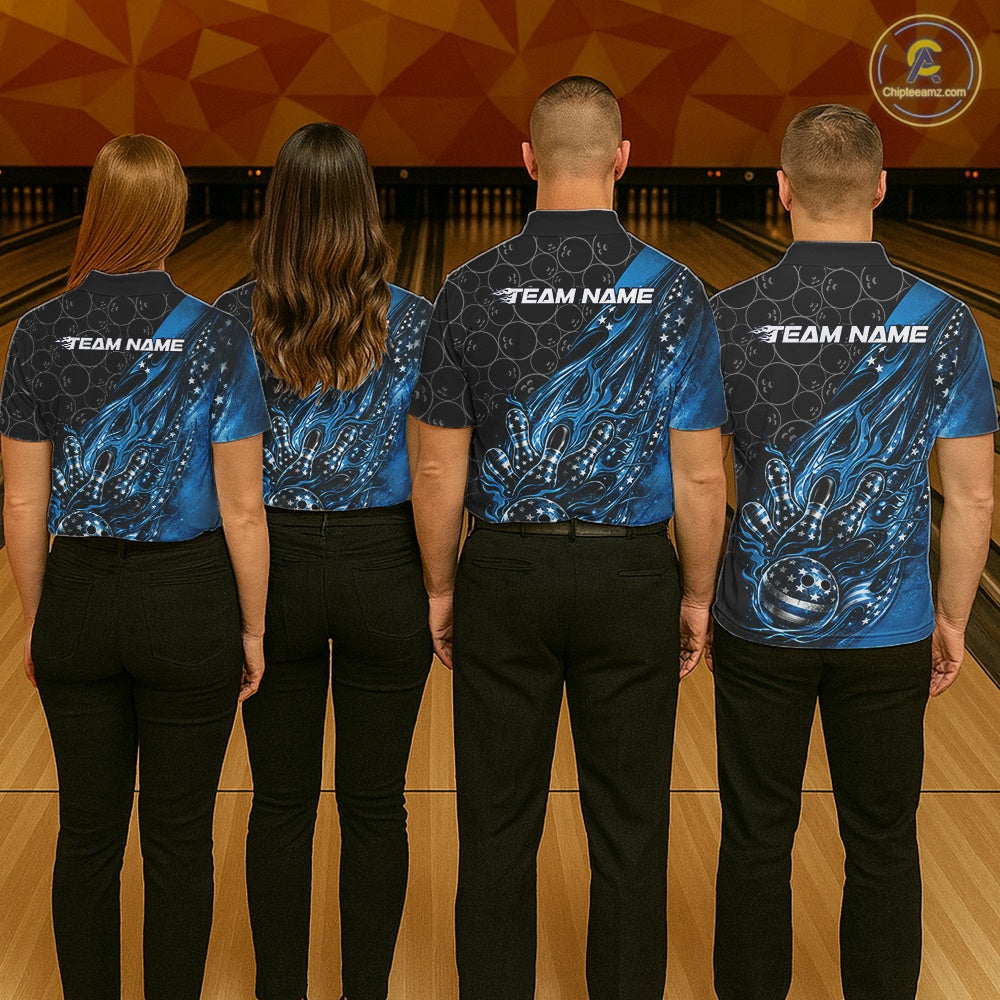Custom Patriotic Blue Flame Bowling Shirts, US Flag Bowling Team Jerseys Freedom 4Th Of July Bowling Shirt IPHW10429
