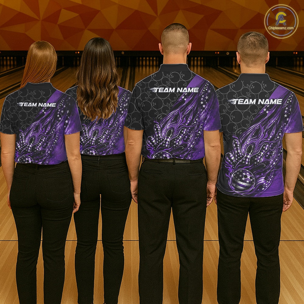 Custom Patriotic Purple Flame Bowling Shirts, US Flag Bowling Team Jerseys Freedom 4Th Of July Bowling Shirt IPHW10430