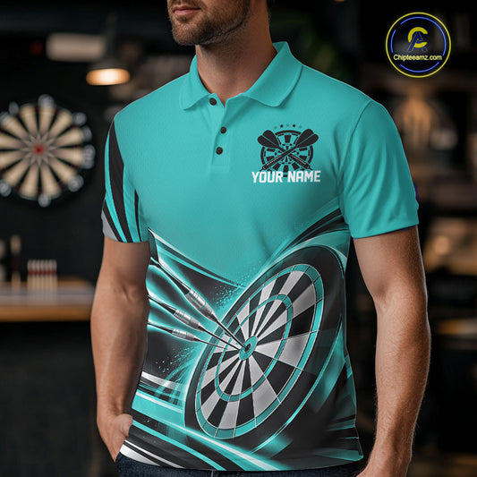 Black And Turquoise Dart Team Men Polo Shirt With Custom Name, Dart Jersey Dart Gift IPHW12569