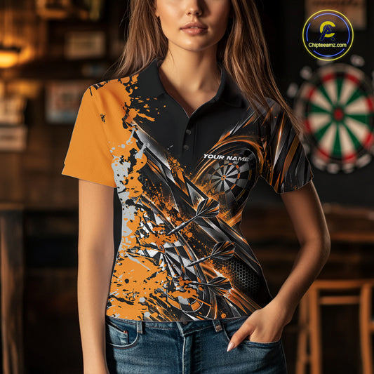 Custom Black And Yellow Splatter Dart Team Women Polo Shirt, Dart League Jersey IPHW12573