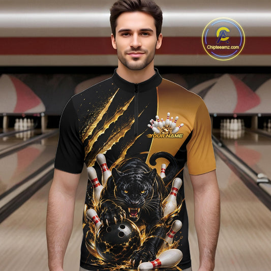 A man wearing a short-sleeve bowling shirt with a black and gold design featuring a roaring black panther, bowling pins, and a bowling ball. The shirt has a gold yoke on the right side and a small 'YOUR NAME' placeholder on the chest.