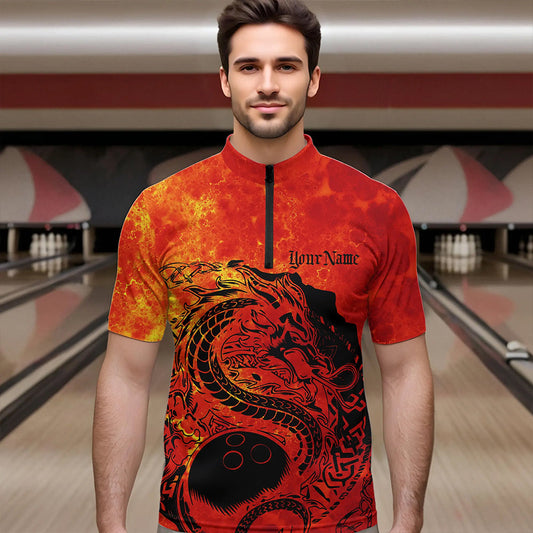 Custom Red Flame Viking Dragon Bowling Quarter-Zip Team Shirts For Men, Bowling League Shirts IPHW8585