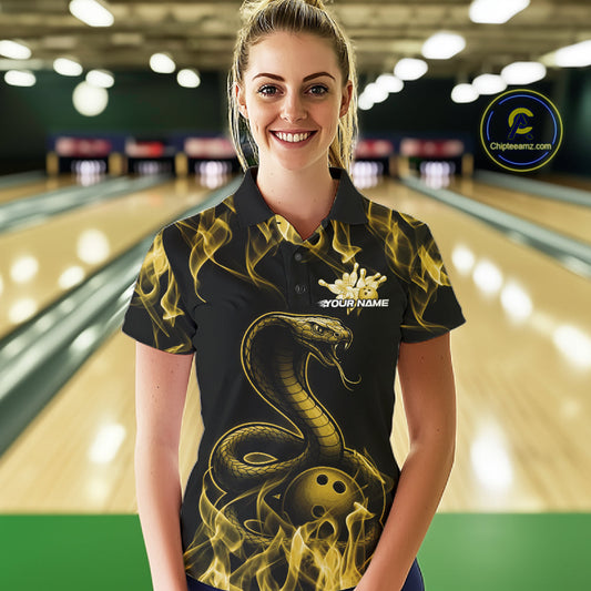 Custom Black And Yellow Flame Cobra Snake Bowling Women Shirts, Bowling League Shirt IPHW10768
