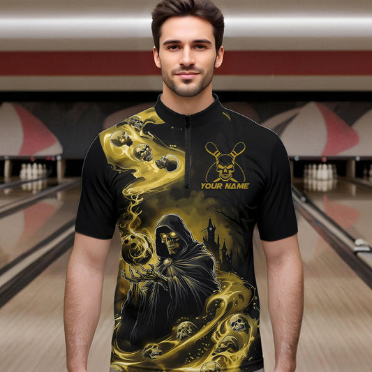 Black And Yellow Grim Reaper Custom Halloween Bowling Team Men Quarter-Zip Shirts, Bowlers Outfit IPHW8894