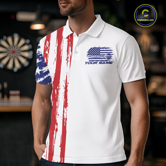 Custom Red White And Blue American Flag Patriotic Dart Team Men Polo Shirt, Dart Jersey IPHW12636