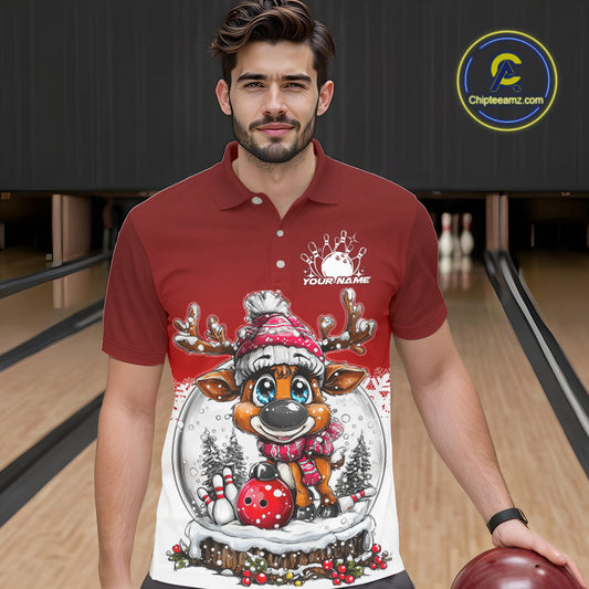 Custom Cute Funny Reindeer Christmas Bowling Men Polo Shirts, Xmas Team Bowling Shirt IPHW10114
