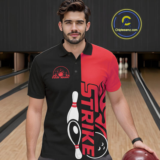 Custom Black And Red Flame Strike Bowling Men Polo Shirt, Bowling Tournament Shirt IPHW10252