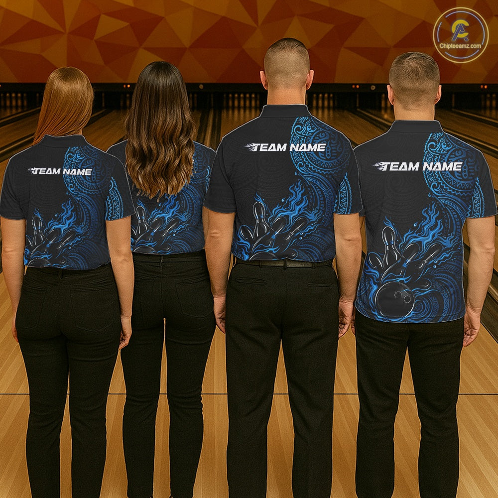 Custom Black And Blue Tribal Flame Bowling Ball Bowling Team Shirts, Polynesian Bowling Tournament Shirt IPHW10499