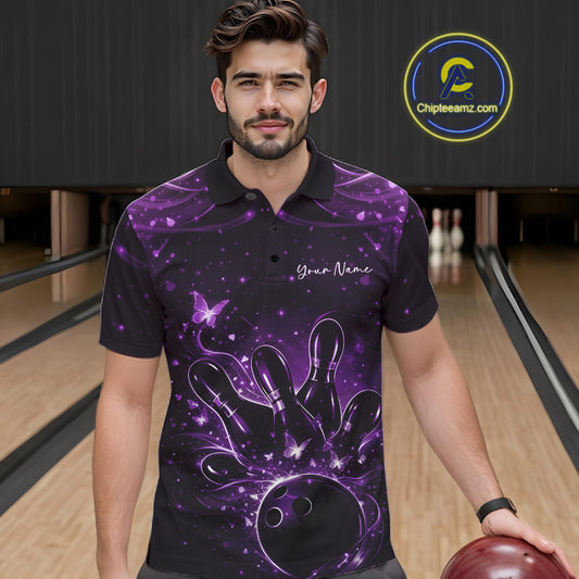 Male model wearing a black and purple bowling polo shirt at the lane with glowing butterfly bowling artwork.