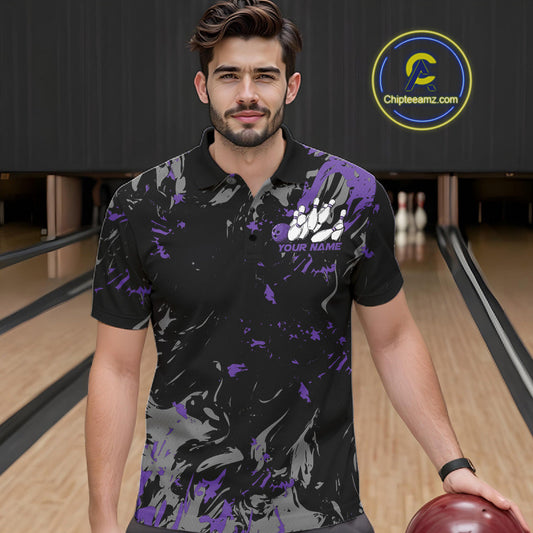 Custom Black And Purple Splatter Camo Bowling Team Polo Shirts For Men IPHW10798
