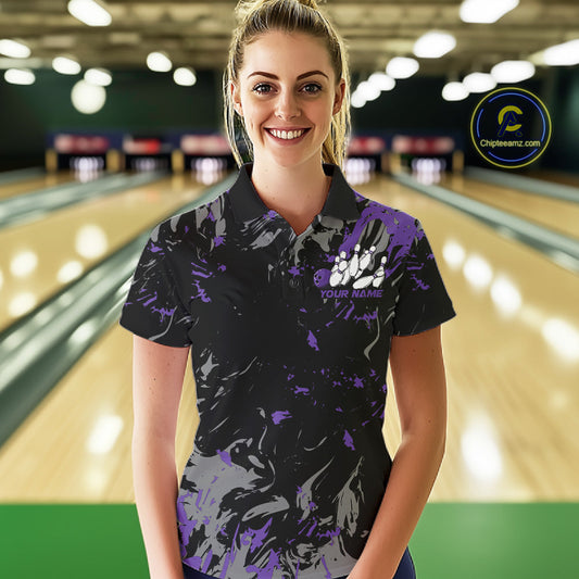 Custom Black And Purple Splatter Camo Bowling Team Polo Shirts For Women IPHW10798