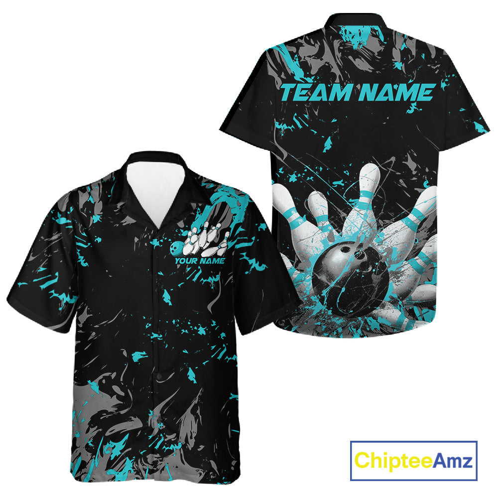 Custom Black And Turquoise Blue Splatter Camo Bowling Team Hawaiian Shirts For Men And Women IPHW10799