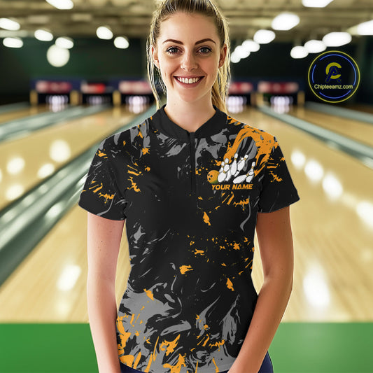 Custom Black And Yellow Splatter Camo Bowling Team Quarter-Zip Shirts For Women IPHW10800