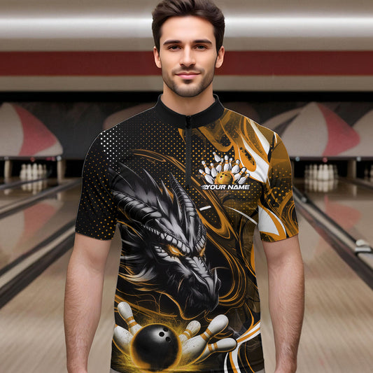 Custom Black And Yellow Flame Dragon Bowling Jerseys, Dragon Bowling Team Men Quarter-Zip Shirts IPHW8921