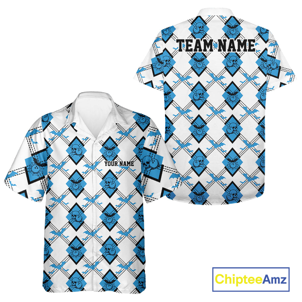 Custom White And Blue Halloween Bowling Argyle Pattern Men And Women Button Up Shirt Outfit IPHW11923