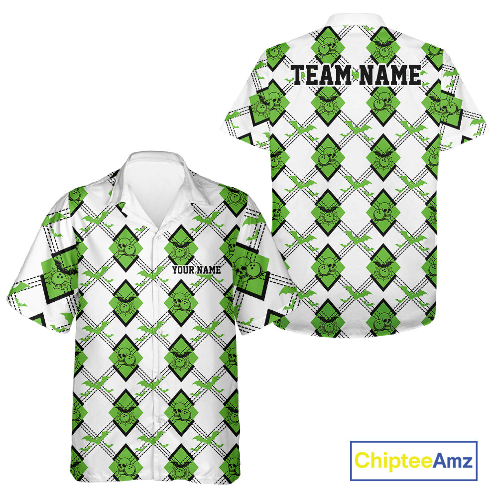 Custom White And Green Halloween Bowling Argyle Pattern Men And Women Button Up Shirt Outfit IPHW11925