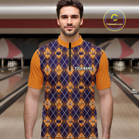 Custom Orange And Purple Halloween Bowling Argyle Pattern Bowling Team Men Quarter Zip Shirt IPHW11928