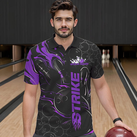 Custom Black And Purple Flame Strike Bowling Team Polo Shirts For Men, Strike Bowling Jerseys IPHW8612