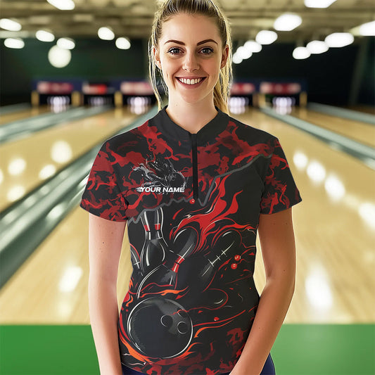 Custom Black And Red Camo Flame Bowling Womens Quarter-Zip Shirt, Bowling Tournament Shirt IPHW8622