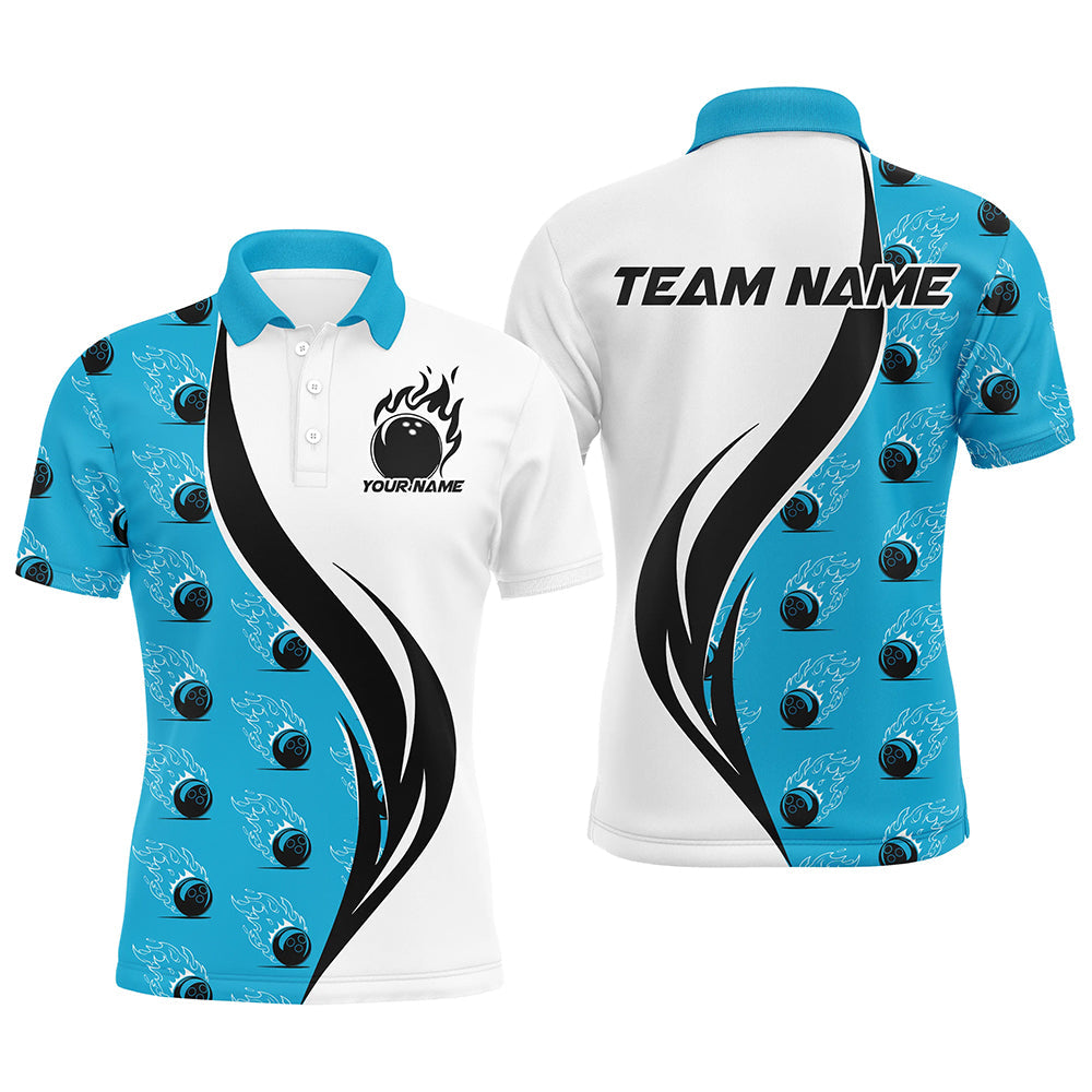 Custom Flame Bowling Polo Shirts For Men, Bowling Team Uniforms With Name | Blue IPHW6974