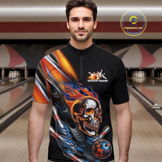 Custom Fire Flame Metal Skull Bowling Men Quarter-Zip Shirt, Halloween Bowler Outfits IPHW9891