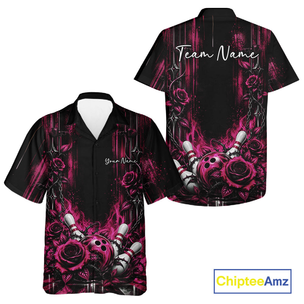 Custom Pink Roses Bowling Team Men And Women Button Up Shirt, Flower Bowling Jersey Gift Bowlers Outfit IPHW12232
