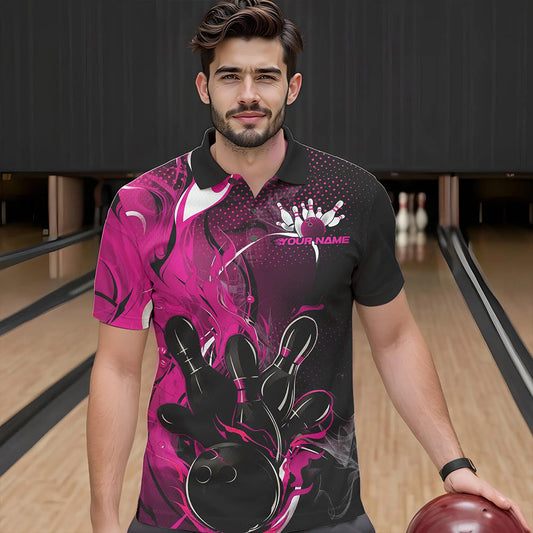 Black And Pink Custom Flame Bowling Polo Shirts For Men, Fire Bowling League Team Shirt IPHW8630