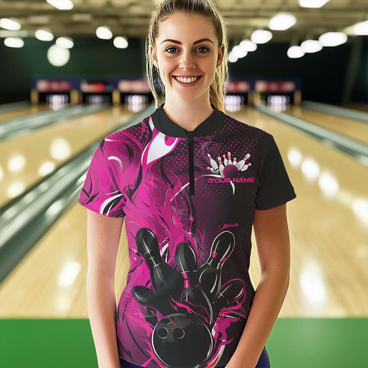 Black And Pink Custom Flame Bowling Womens Quarter-Zip Shirts, Fire Bowling League Shirt IPHW8630