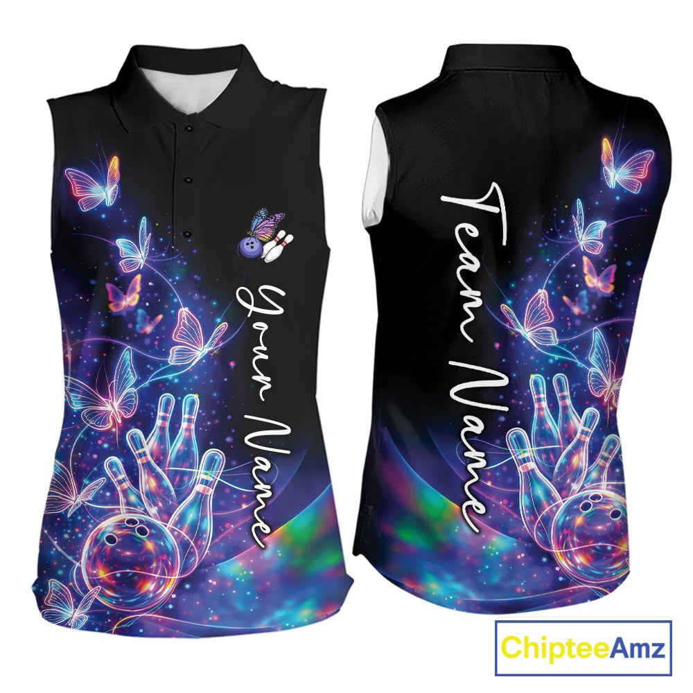 Front and back mockup of a womens black sleeveless bowling shirt with a starry galaxy background, glowing neon swirls, and hologram butterfly artwork