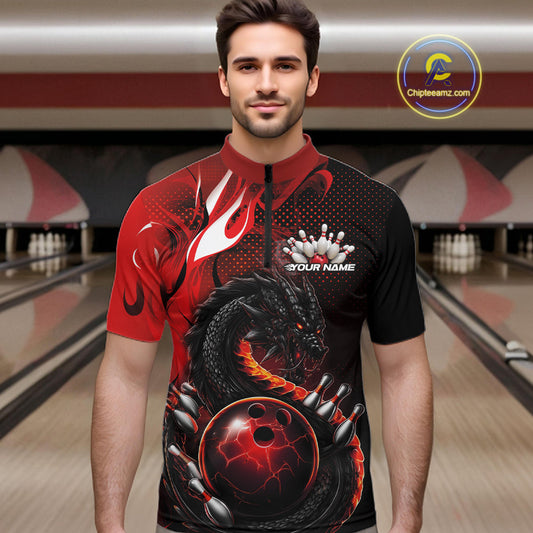 Custom Black And Red Dragon Bowling Jerseys, Dragon Bowling Team Men Quarter-Zip Shirt IPHW10267